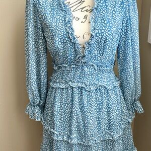 Blue Ruffle Long Sleeve Dress